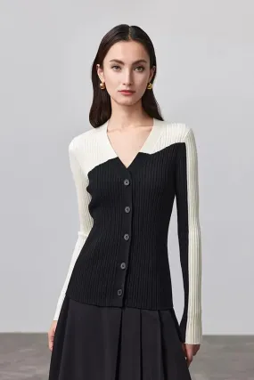 100 Merino Wool Color Block V Neck Cardigan