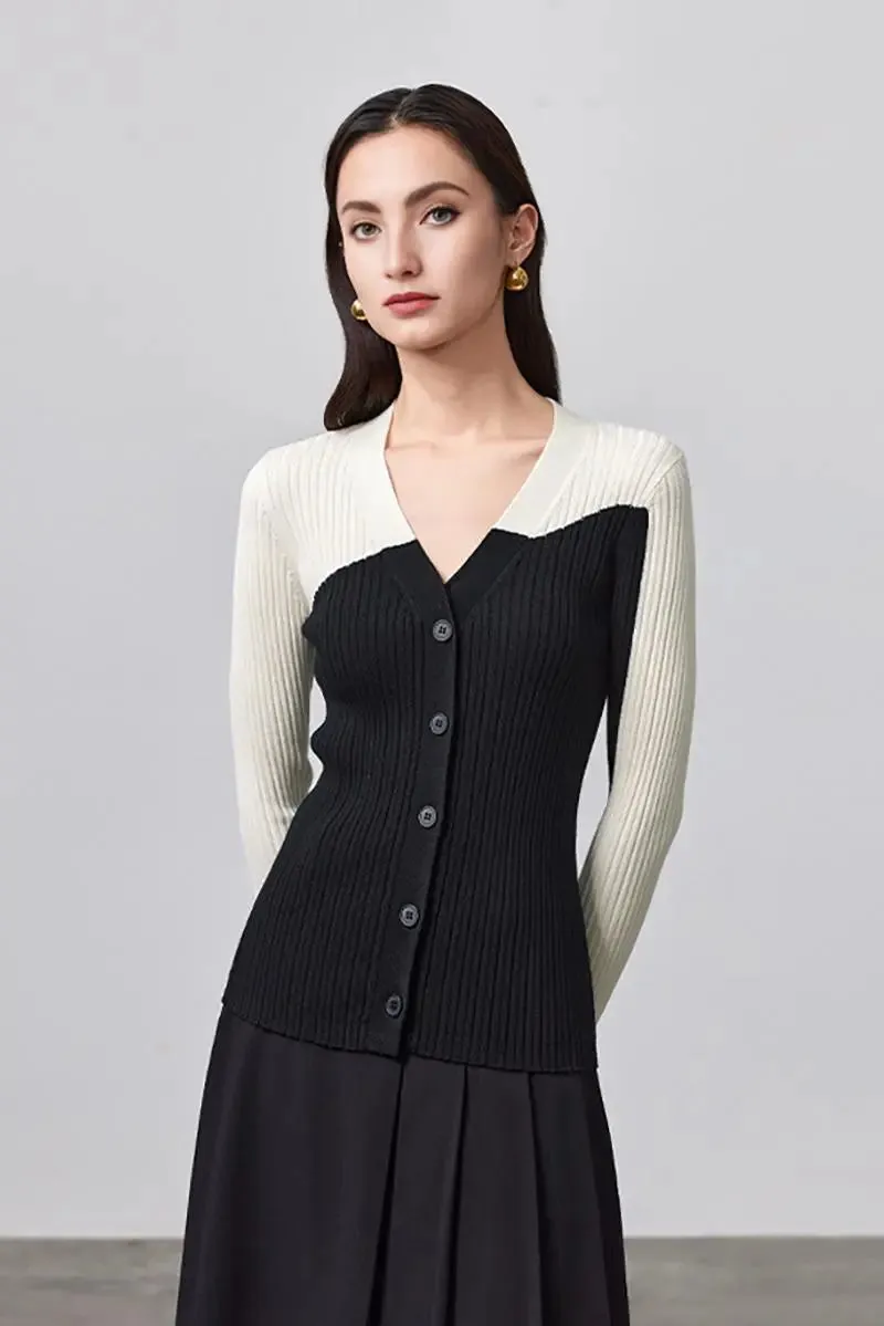 100 Merino Wool Color Block V Neck Cardigan