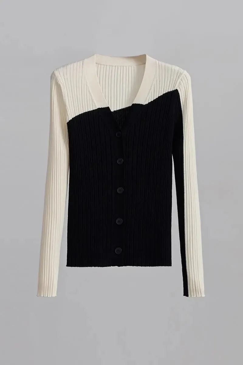 100 Merino Wool Color Block V Neck Cardigan