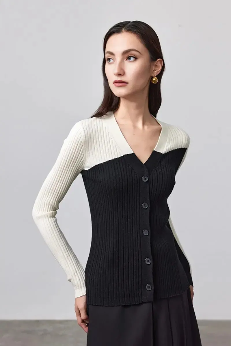 100 Merino Wool Color Block V Neck Cardigan