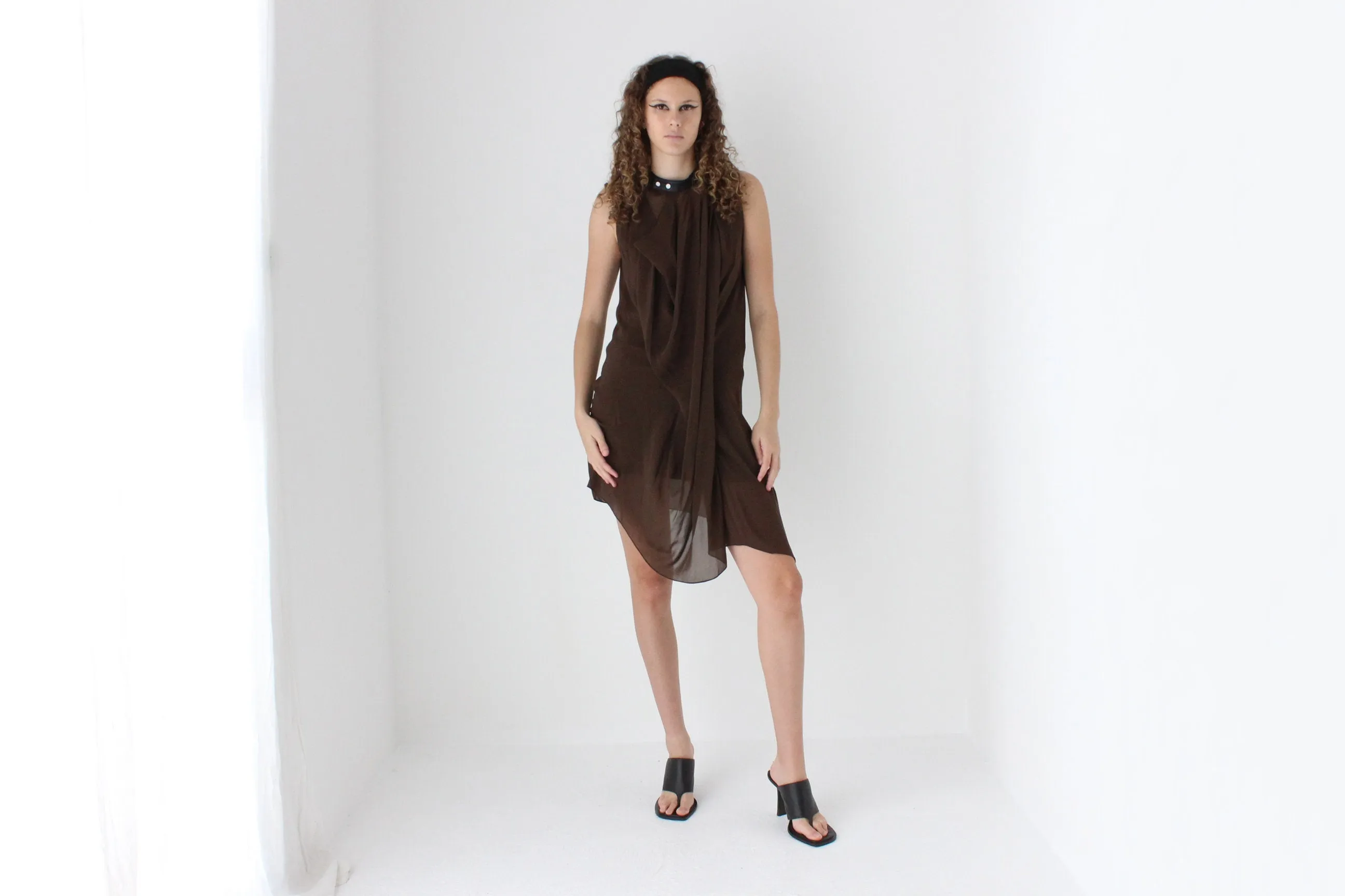 2000s Phillip Lim Layered Chocolate Silk Dress w/ Leather Collar