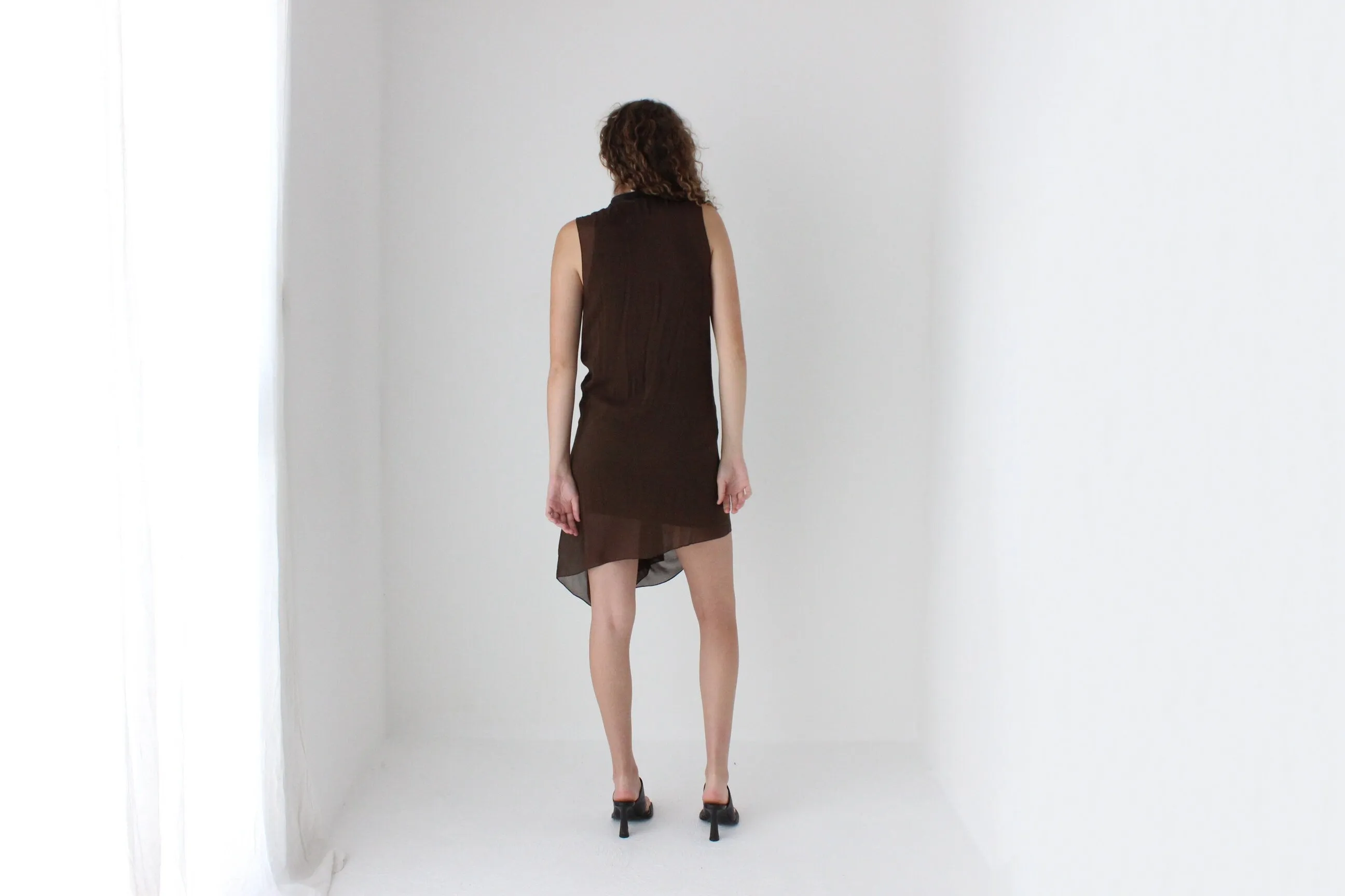 2000s Phillip Lim Layered Chocolate Silk Dress w/ Leather Collar