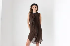 2000s Phillip Lim Layered Chocolate Silk Dress w/ Leather Collar