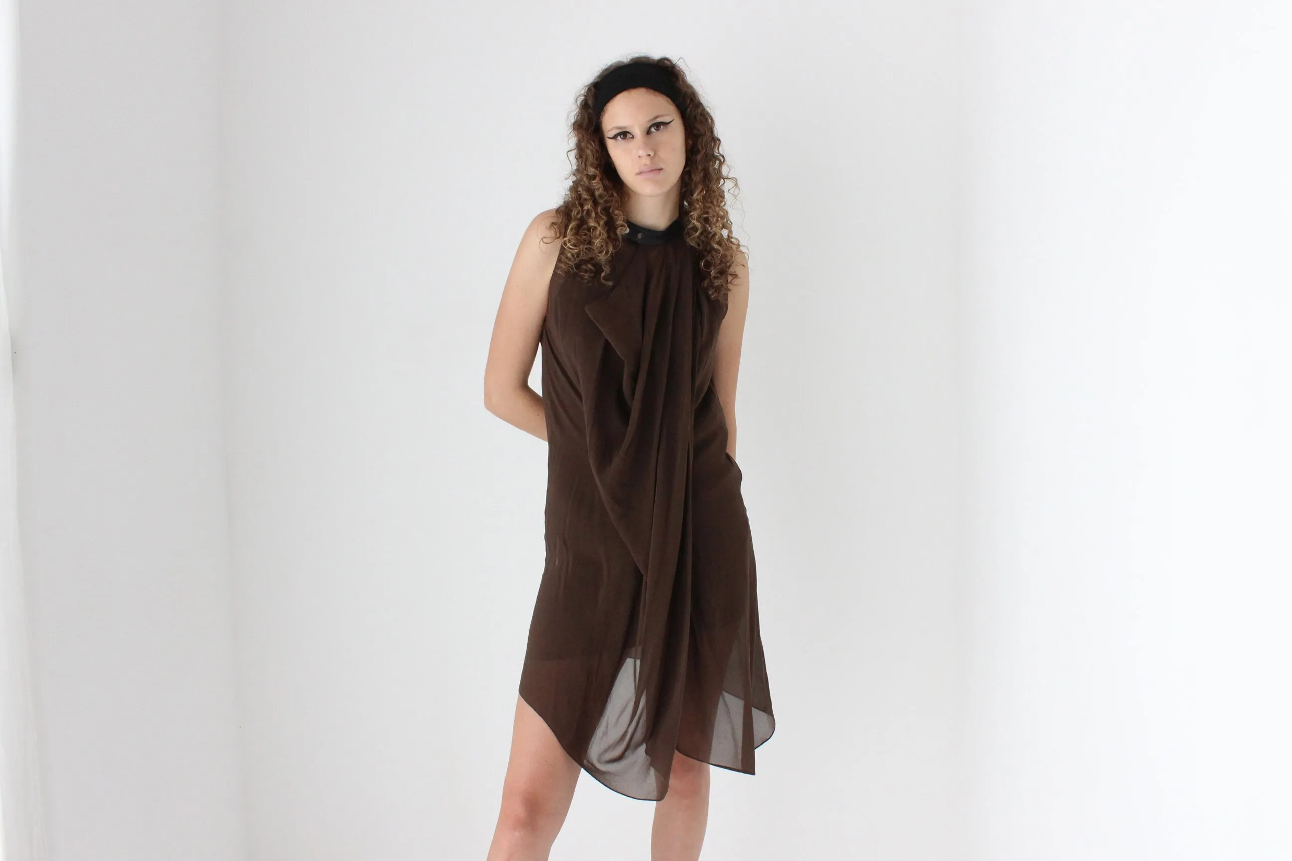 2000s Phillip Lim Layered Chocolate Silk Dress w/ Leather Collar
