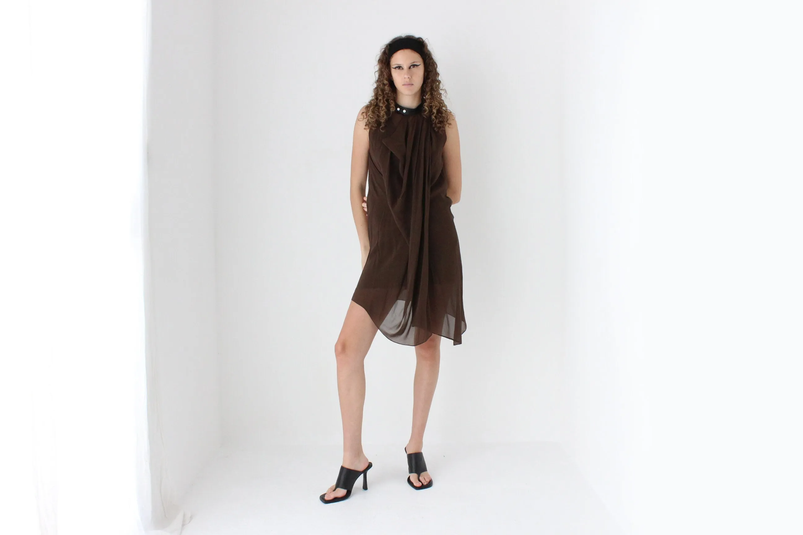 2000s Phillip Lim Layered Chocolate Silk Dress w/ Leather Collar