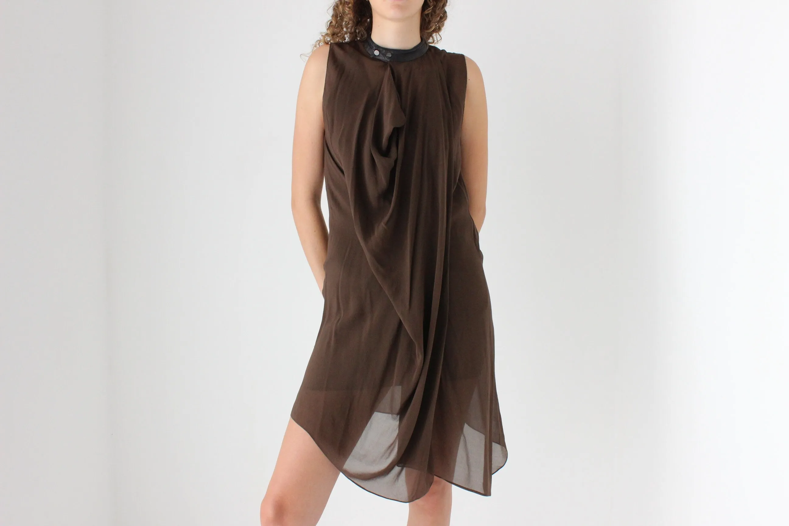 2000s Phillip Lim Layered Chocolate Silk Dress w/ Leather Collar