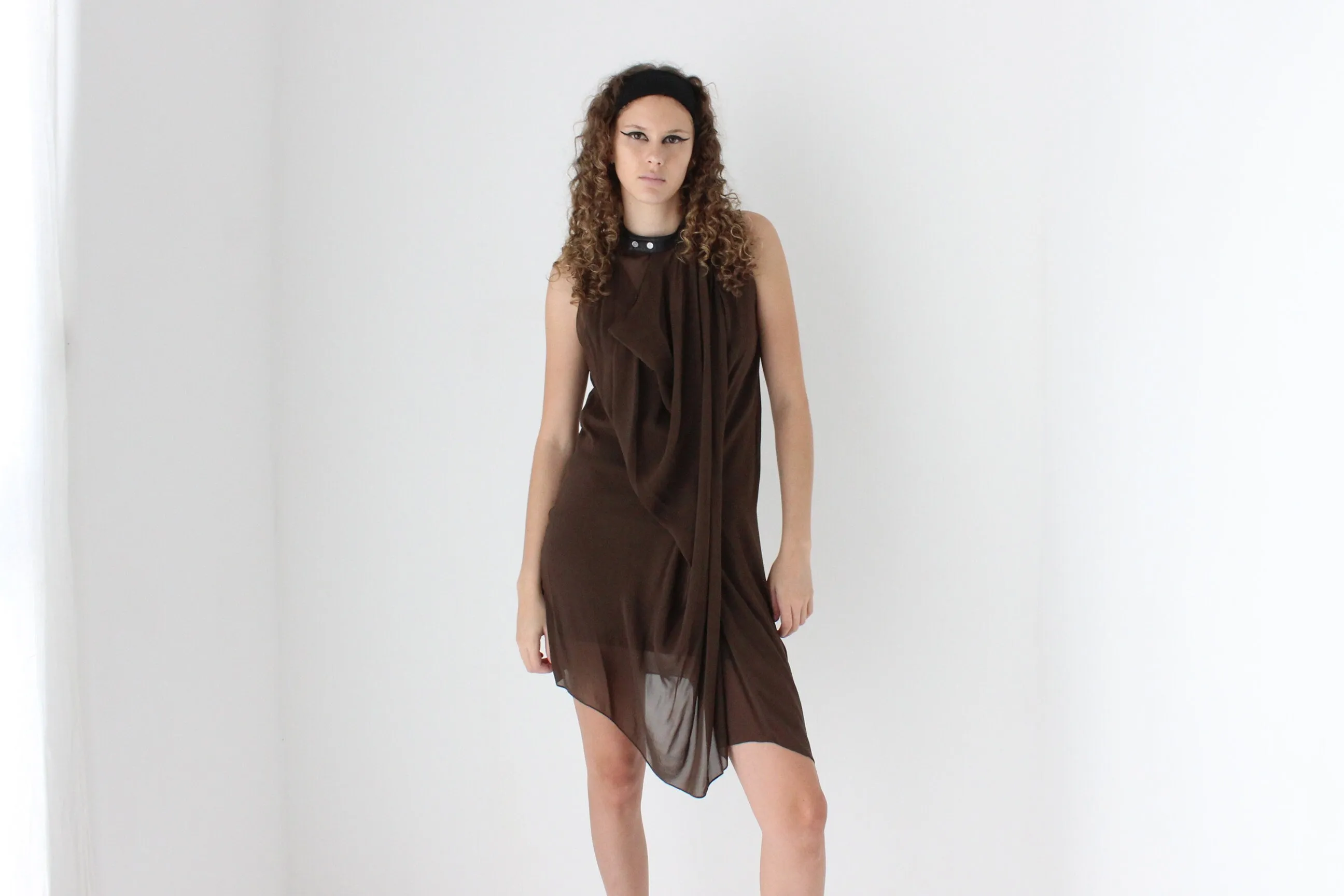 2000s Phillip Lim Layered Chocolate Silk Dress w/ Leather Collar