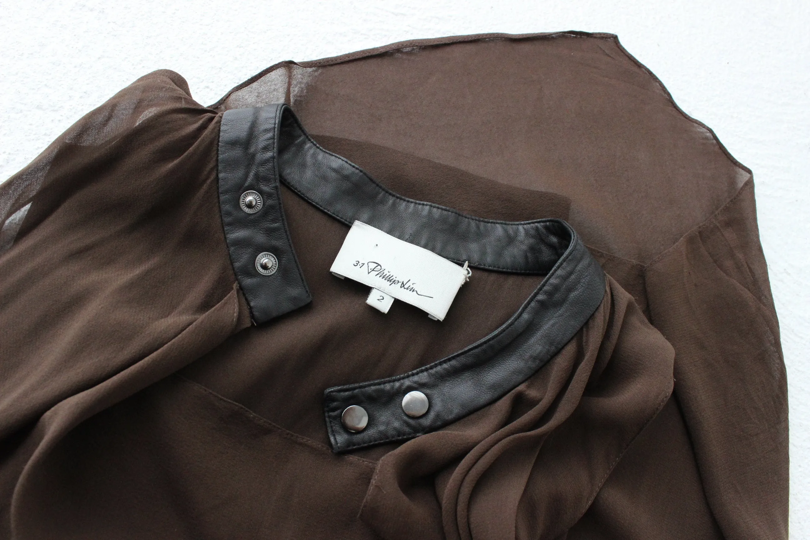 2000s Phillip Lim Layered Chocolate Silk Dress w/ Leather Collar