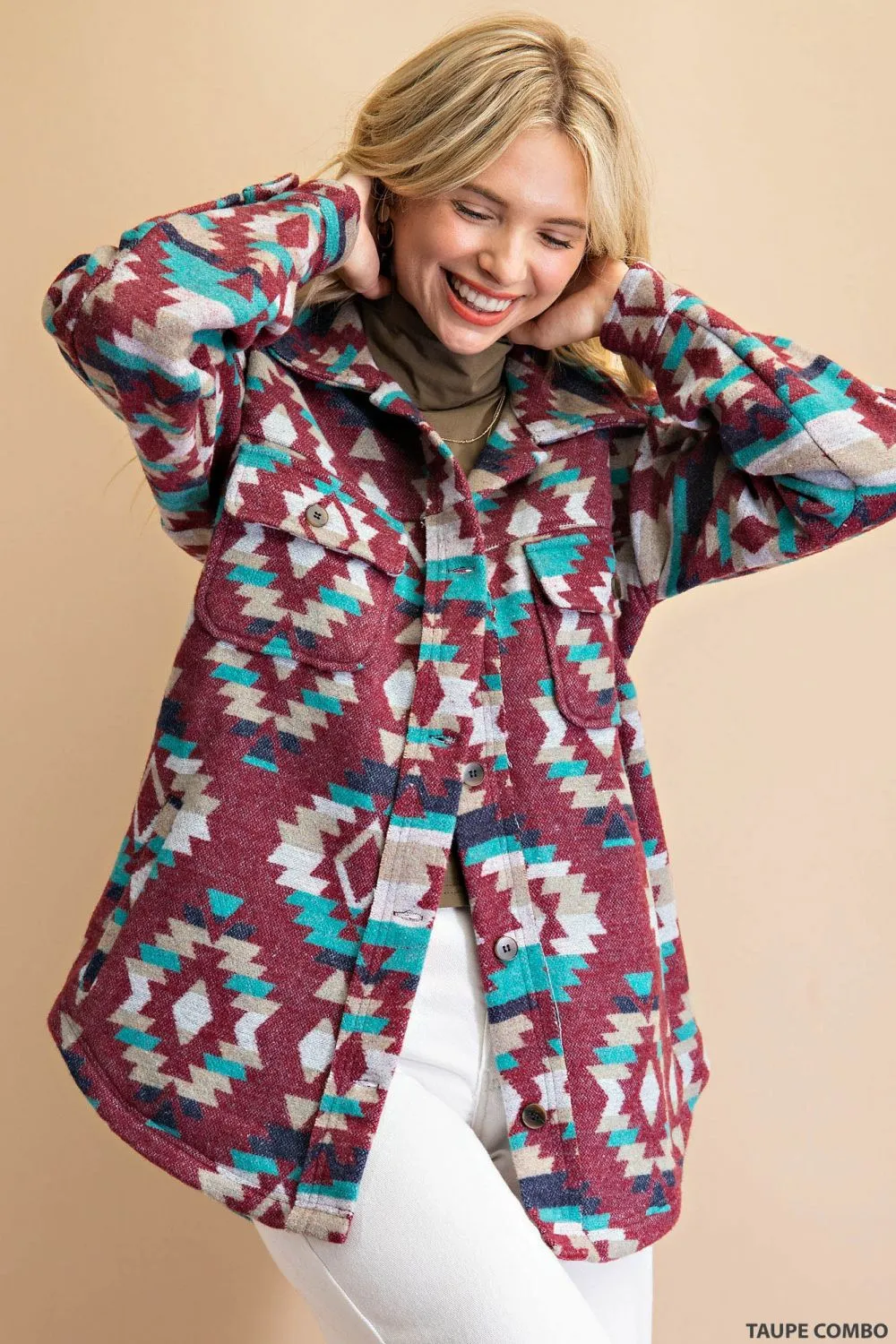6057   Annie Aztec Flannel Button Down Shacket