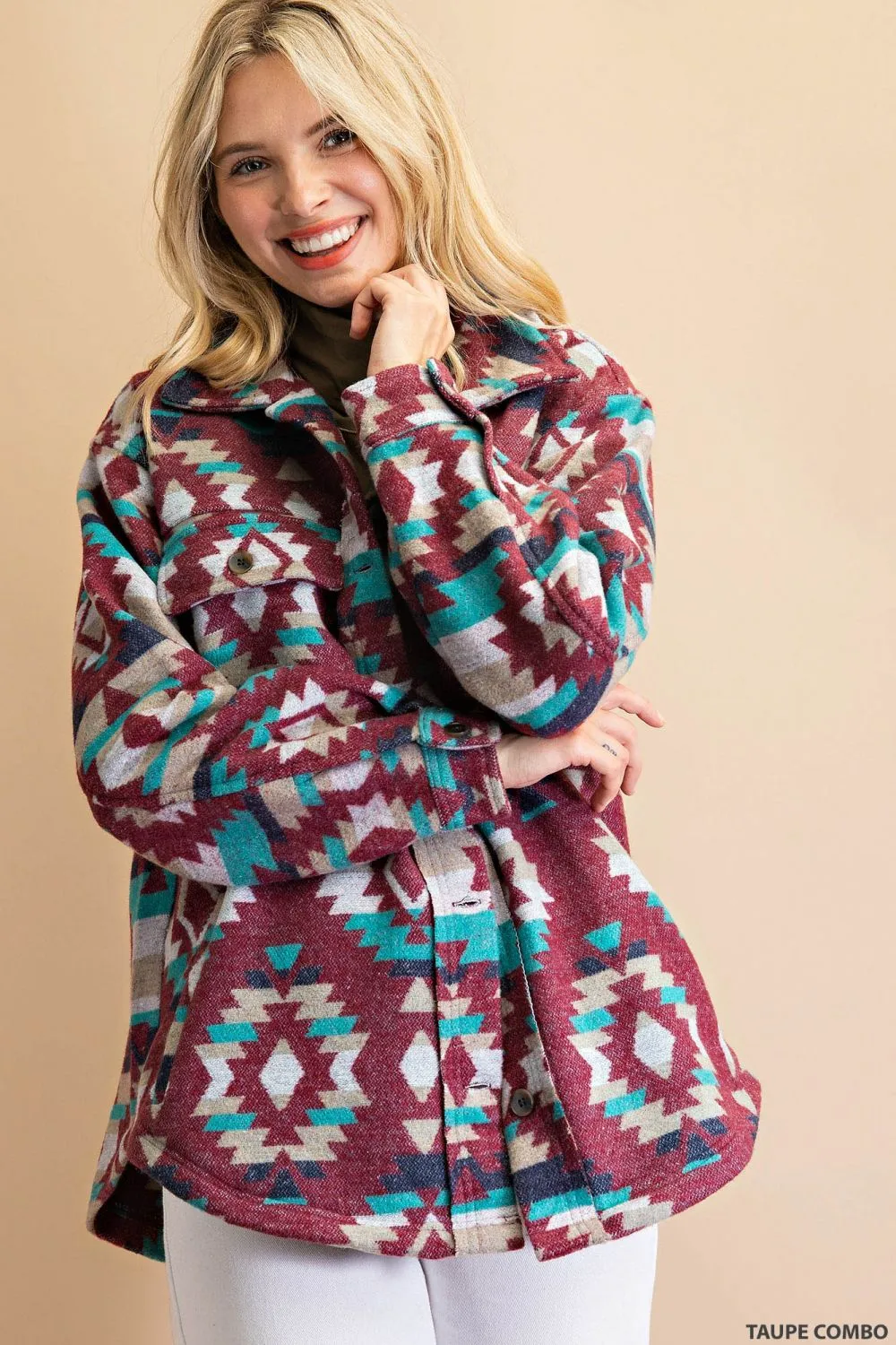 6057   Annie Aztec Flannel Button Down Shacket
