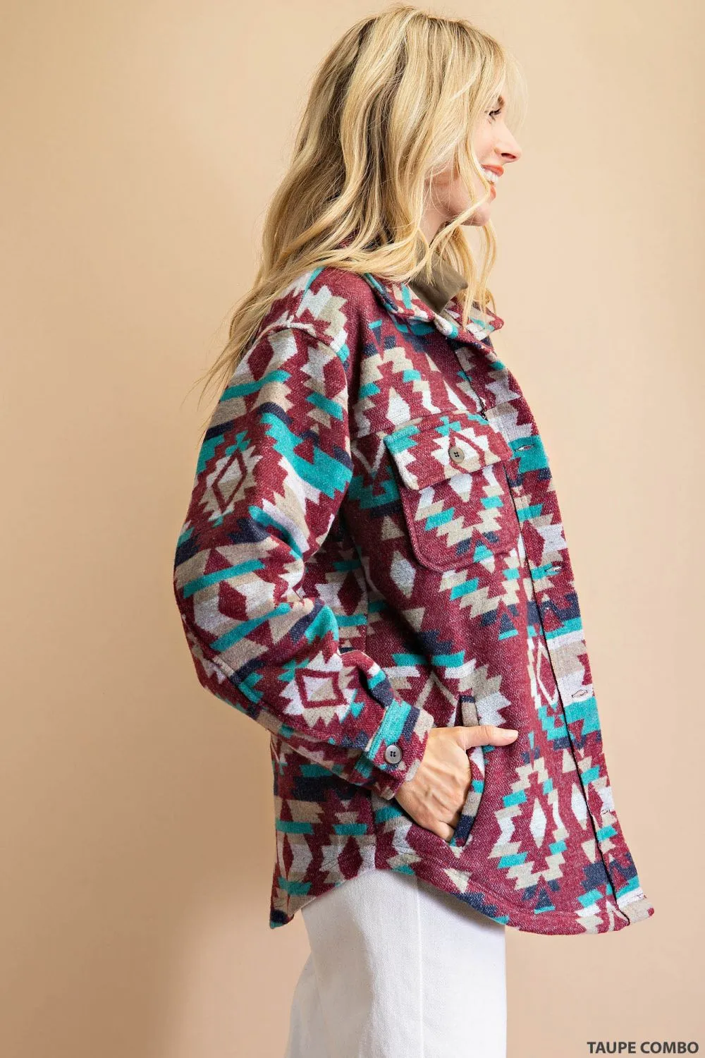 6057   Annie Aztec Flannel Button Down Shacket