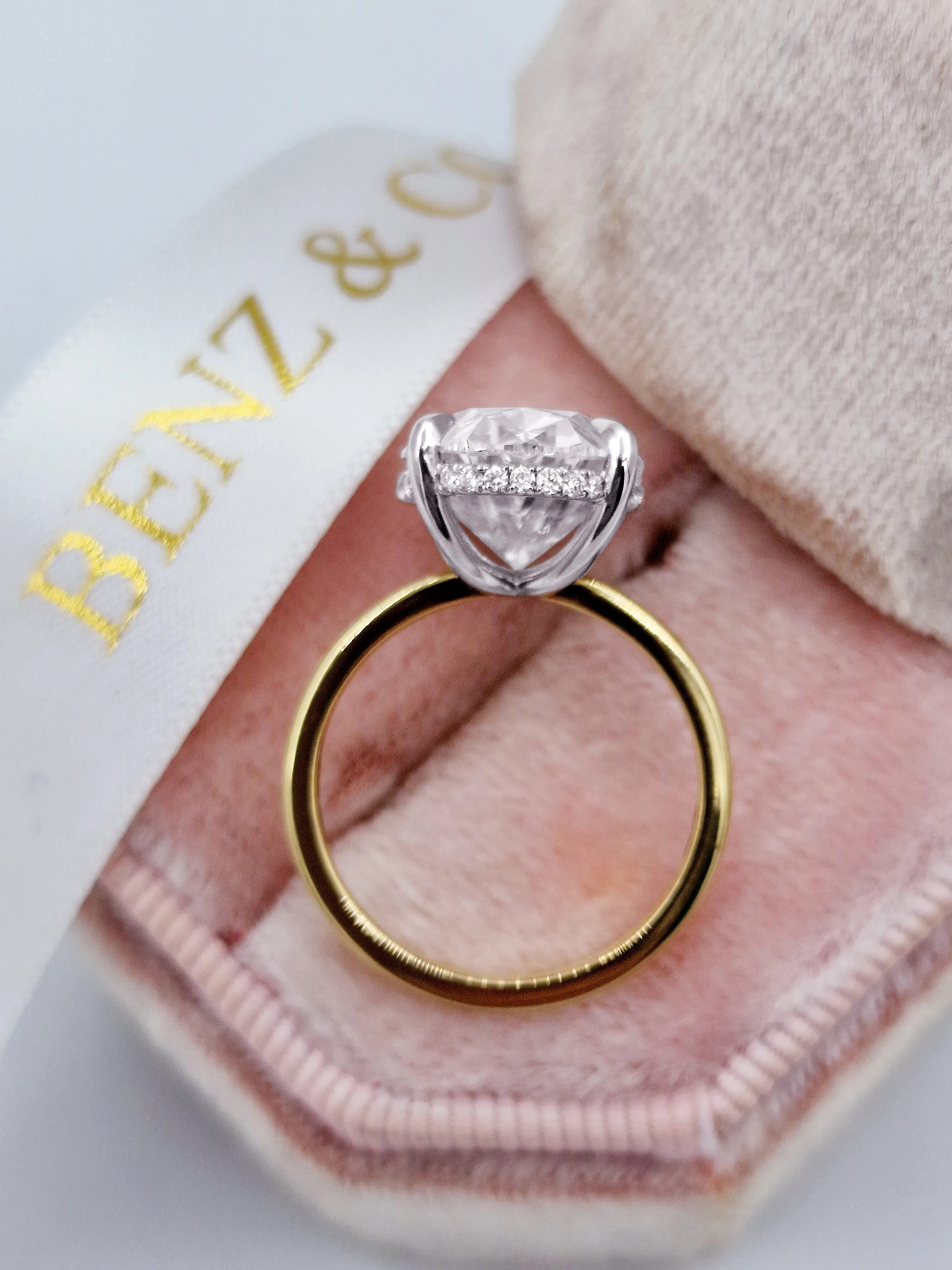 7.28 Carats Lab Grown Oval Cut Two Tone Solitaire Hidden Halo Diamond Engagement Ring