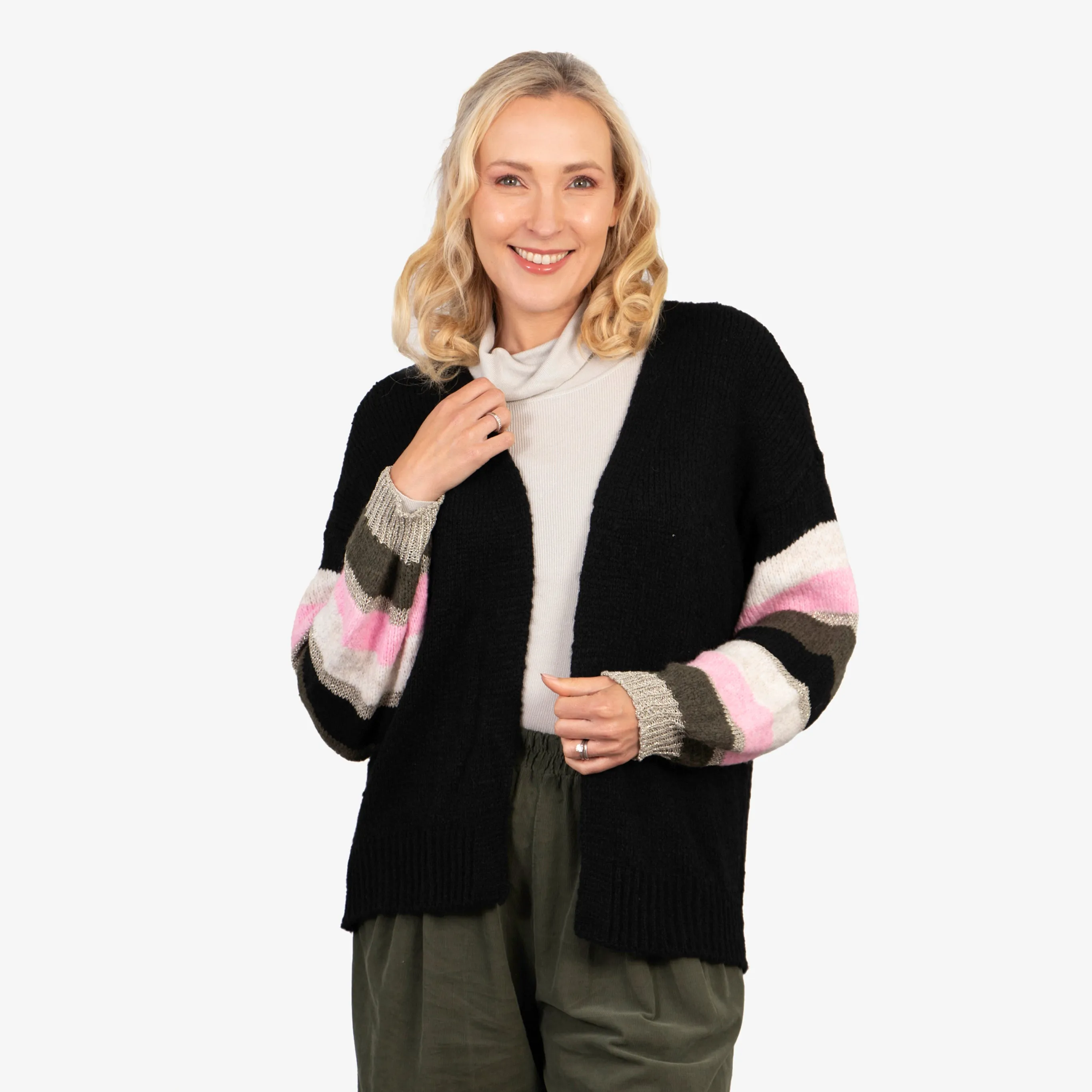 April Balloon Sleeve Cardigan - Black/Khaki, Colourblock