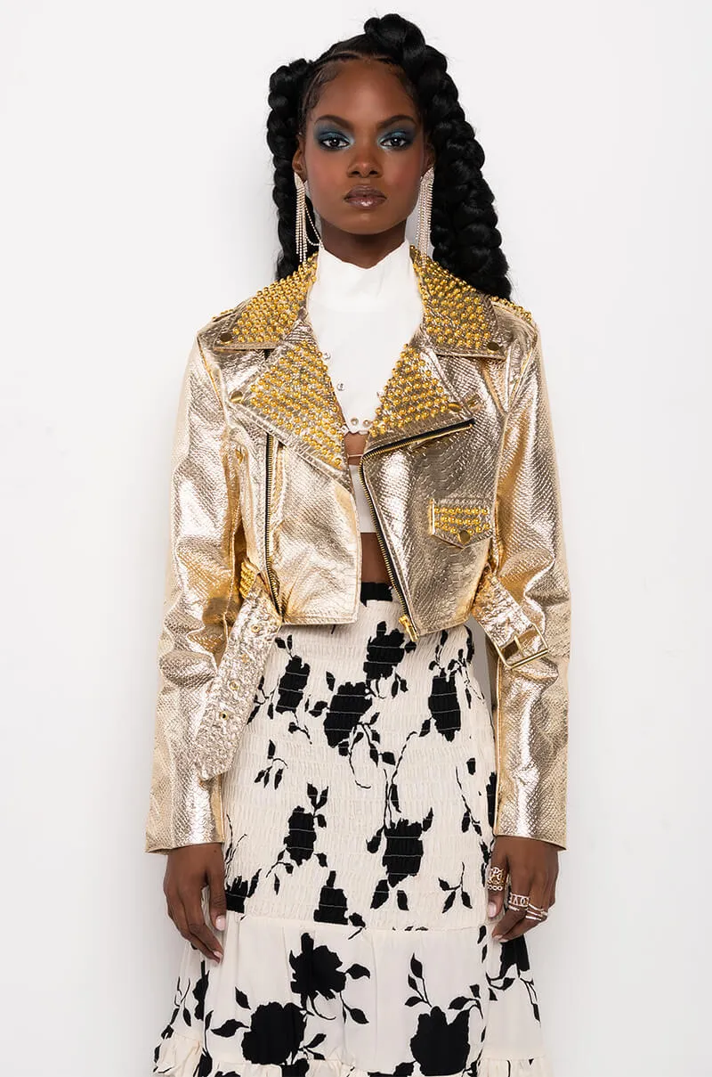AZALEA WANG GOLD FINGER STUDDED MOTO JACKET