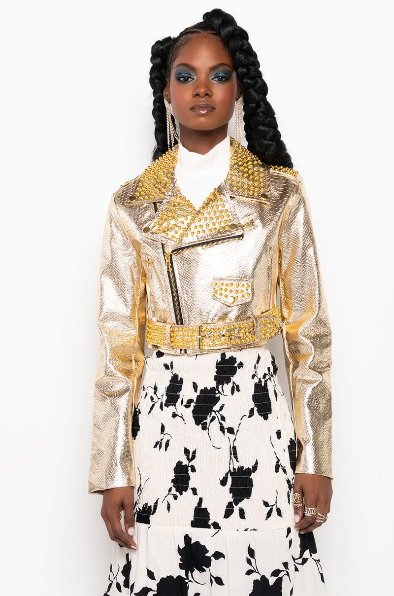 AZALEA WANG GOLD FINGER STUDDED MOTO JACKET