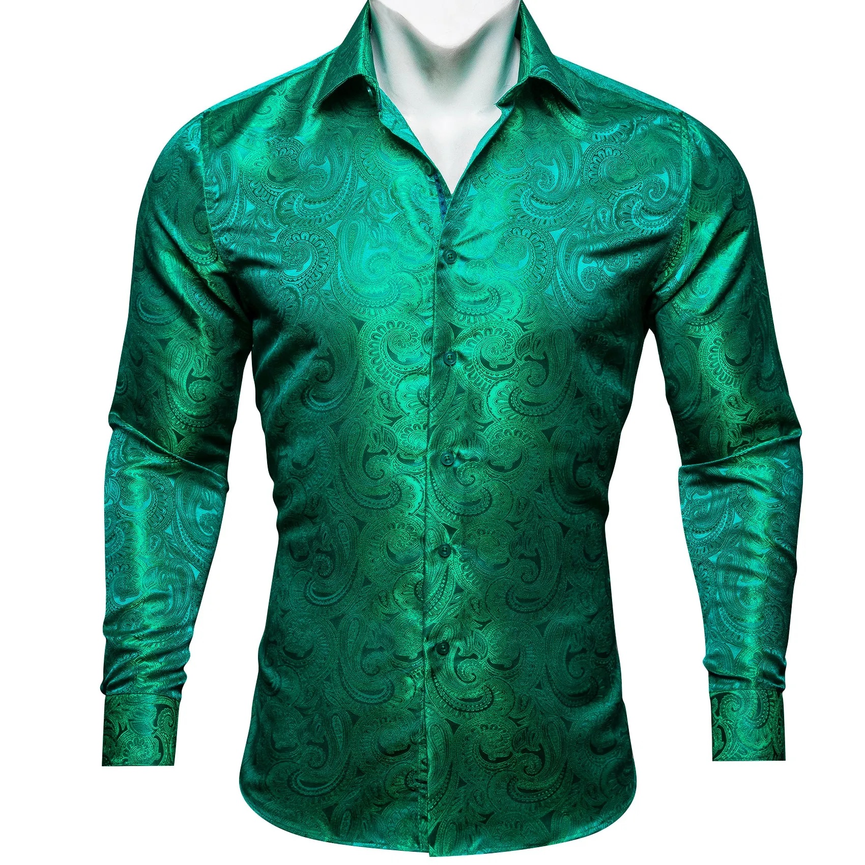 Barry Wang Pale Green Shirt Mens Paisley Silk Long Sleeve Dinner Shirt
