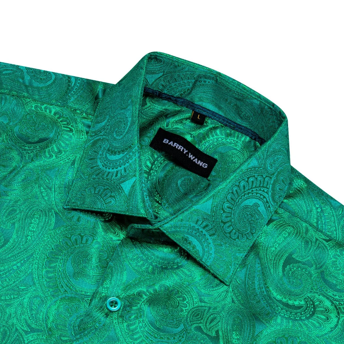 Barry Wang Pale Green Shirt Mens Paisley Silk Long Sleeve Dinner Shirt