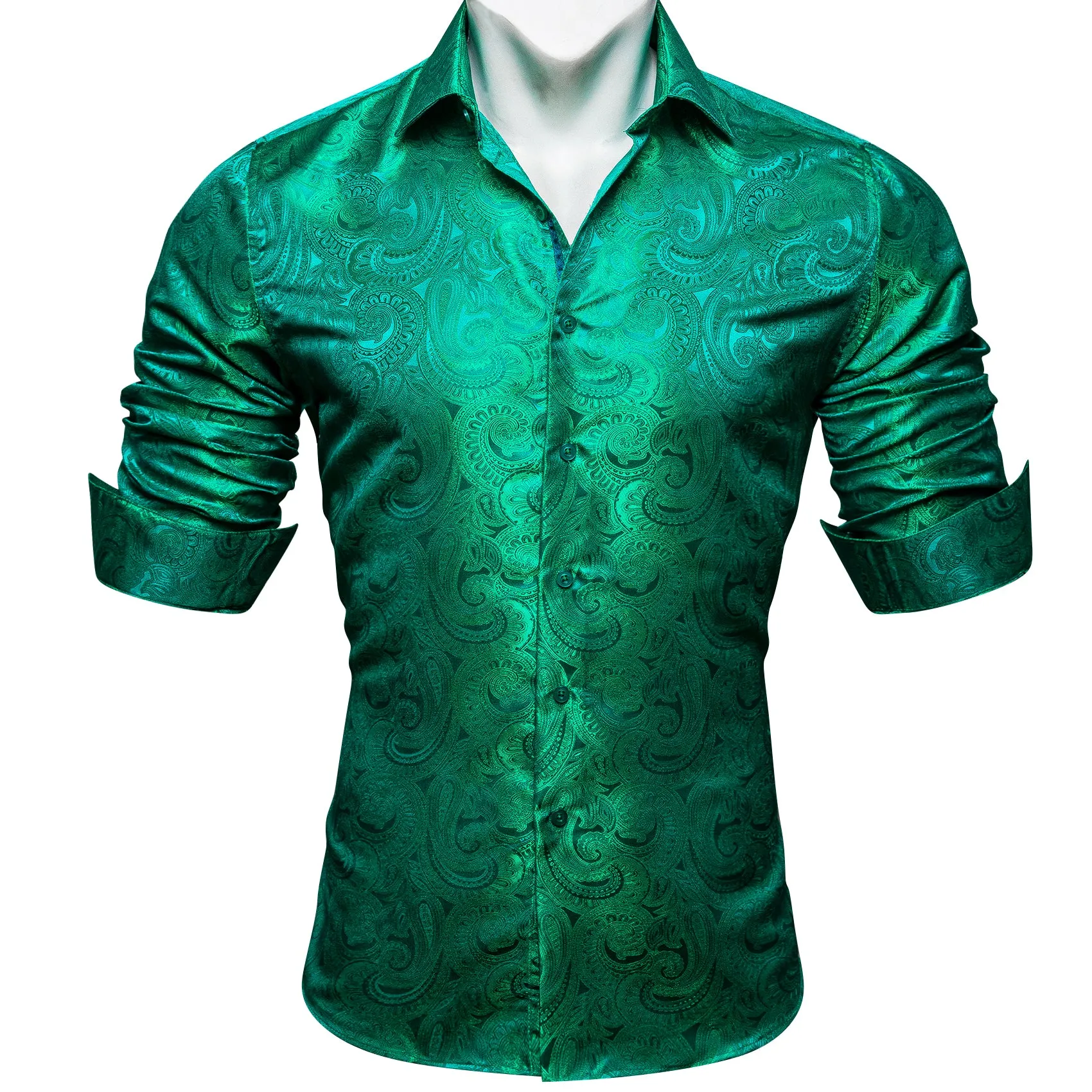 Barry Wang Pale Green Shirt Mens Paisley Silk Long Sleeve Dinner Shirt