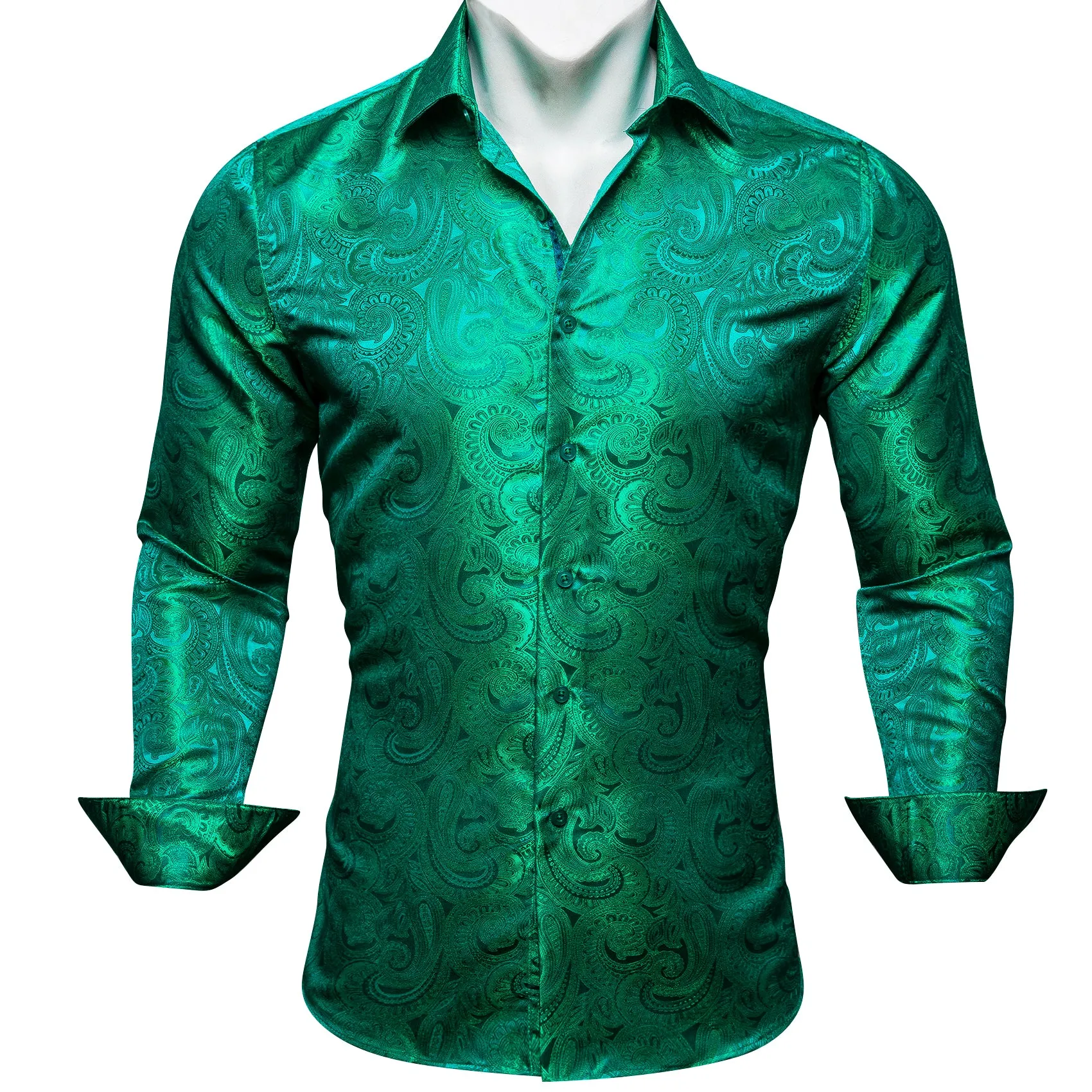 Barry Wang Pale Green Shirt Mens Paisley Silk Long Sleeve Dinner Shirt