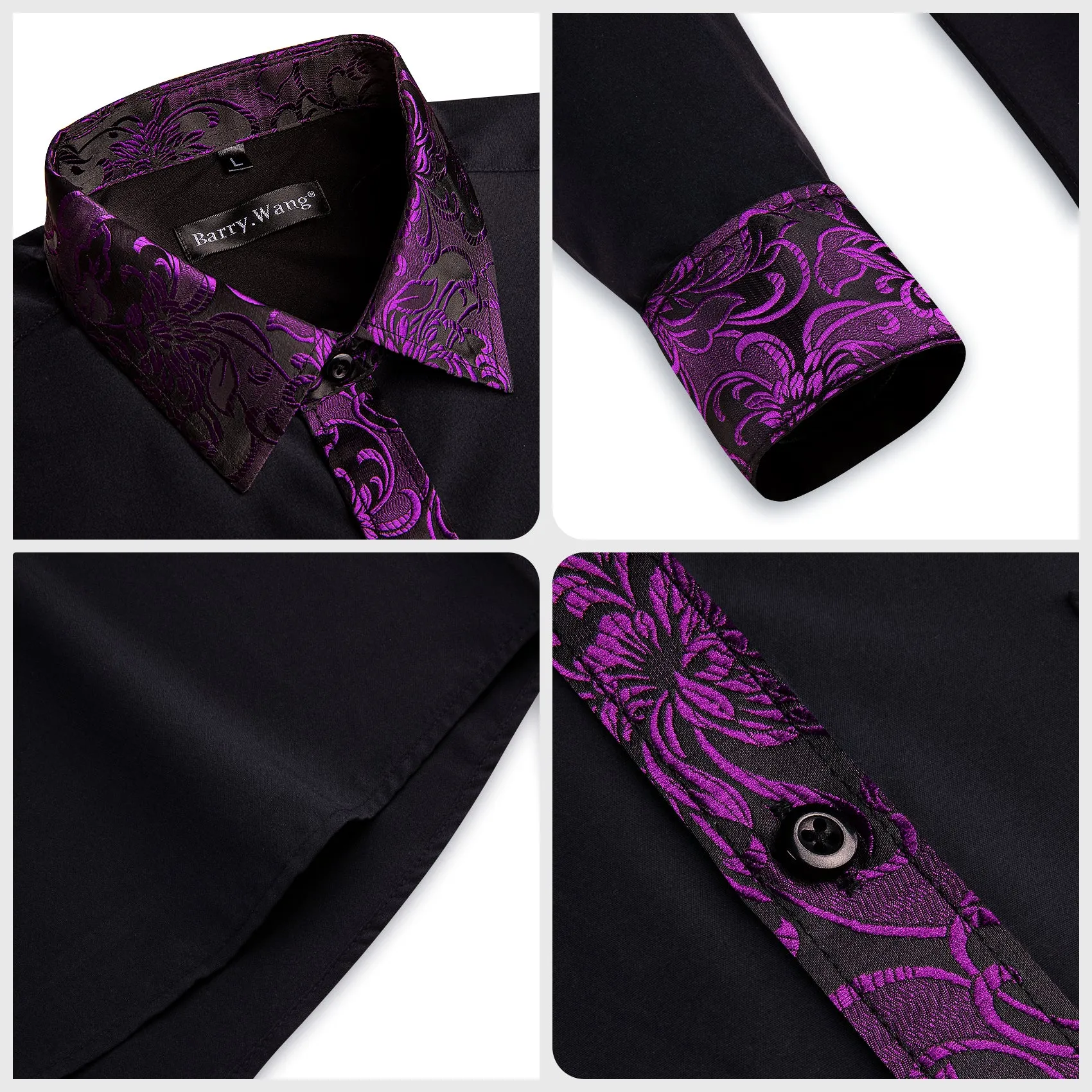 Barry.wang Classy Black Purple Splicing Men's Business Shirt