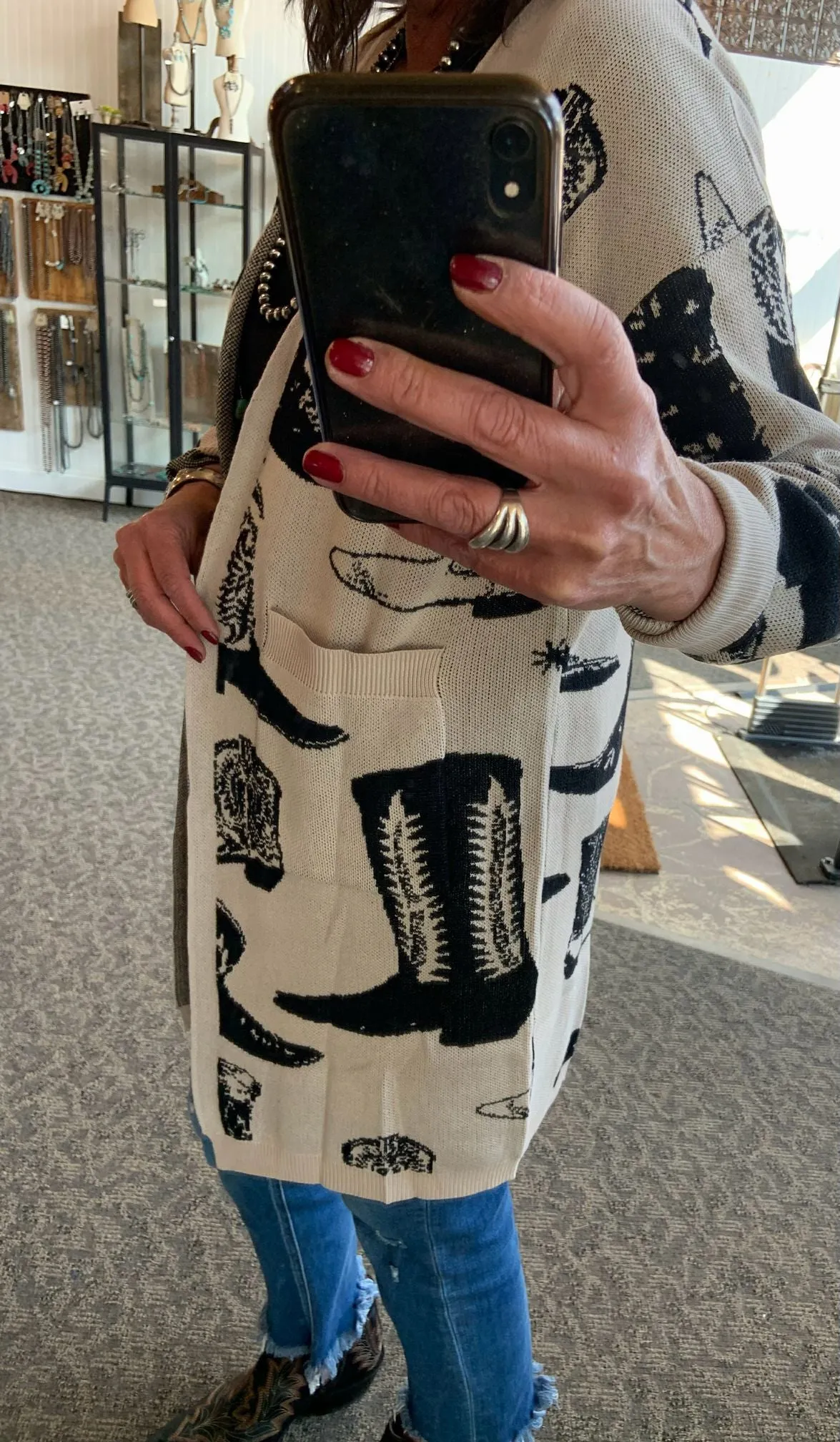 Black & White Cowboy Boot Duster Cardigan - S/M to 2X/3X