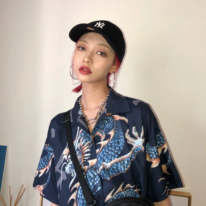 Blouse Dragon Print Short Sleeve