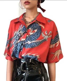 Blouse Dragon Print Short Sleeve