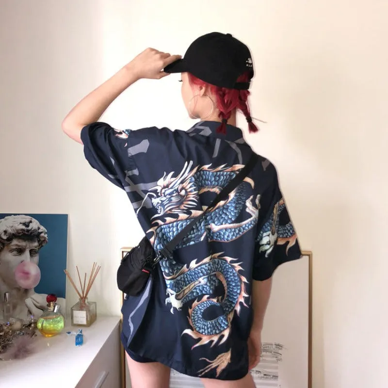 Blouse Dragon Print Short Sleeve