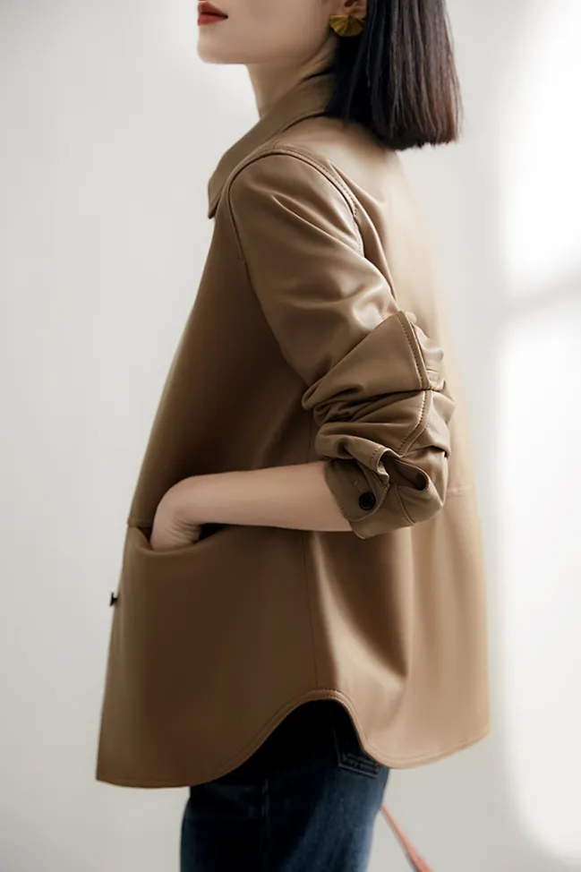Brown Long Sleeve Button-up Jacket Shirt with Dolphin Hem