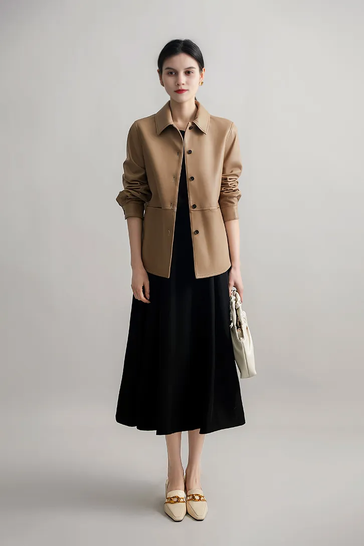 Brown Long Sleeve Button-up Jacket Shirt with Dolphin Hem
