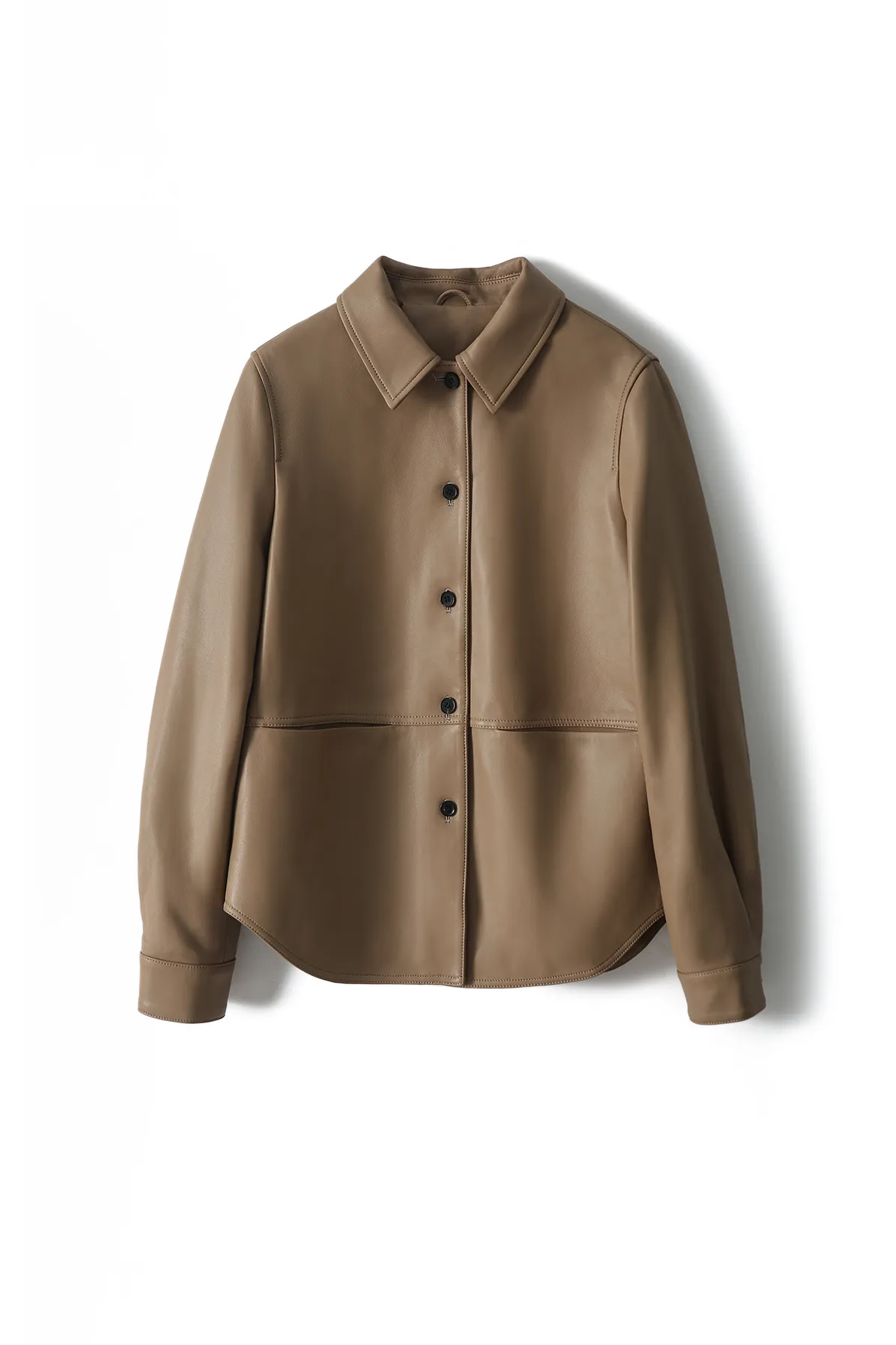 Brown Long Sleeve Button-up Jacket Shirt with Dolphin Hem