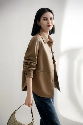 Brown Long Sleeve Button-up Jacket Shirt with Dolphin Hem