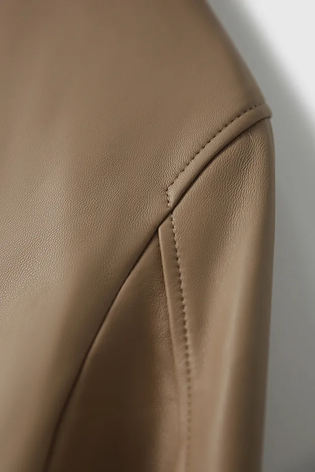 Brown Long Sleeve Button-up Jacket Shirt with Dolphin Hem
