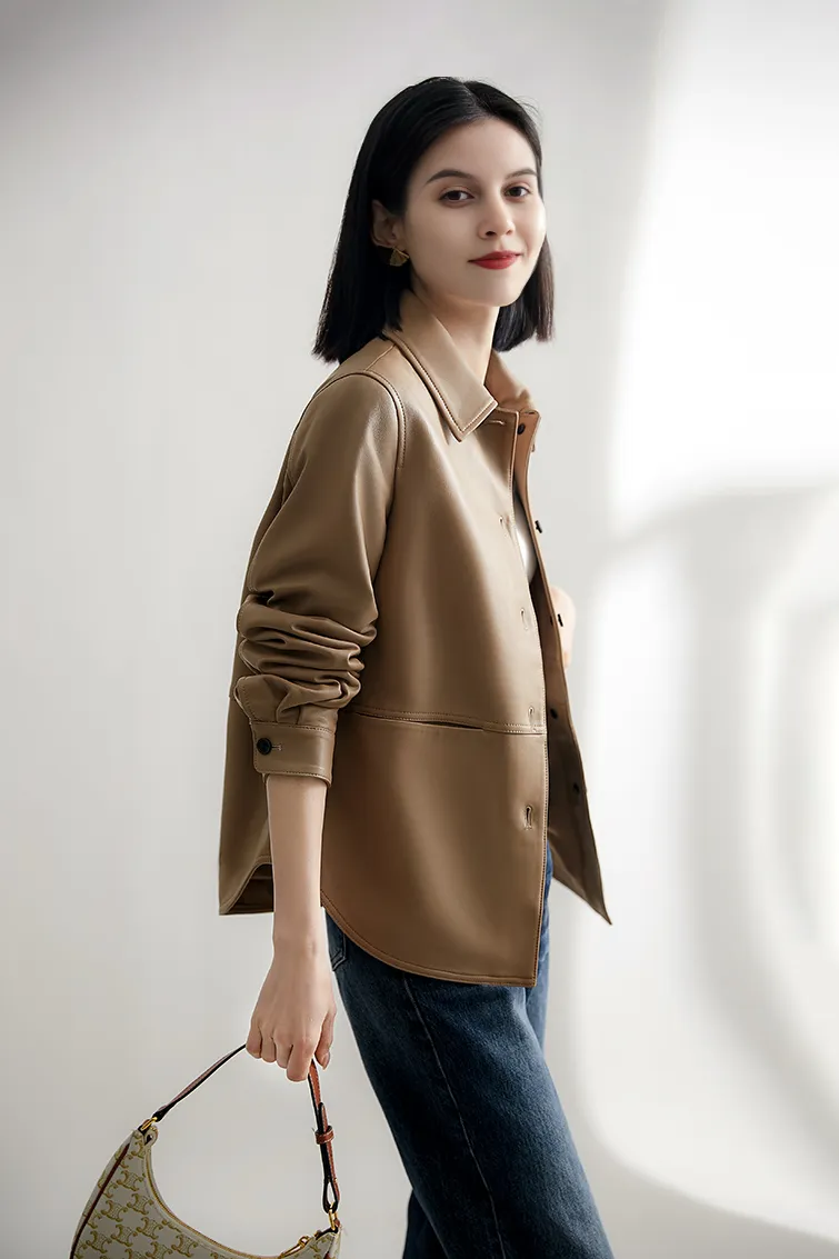 Brown Long Sleeve Button-up Jacket Shirt with Dolphin Hem