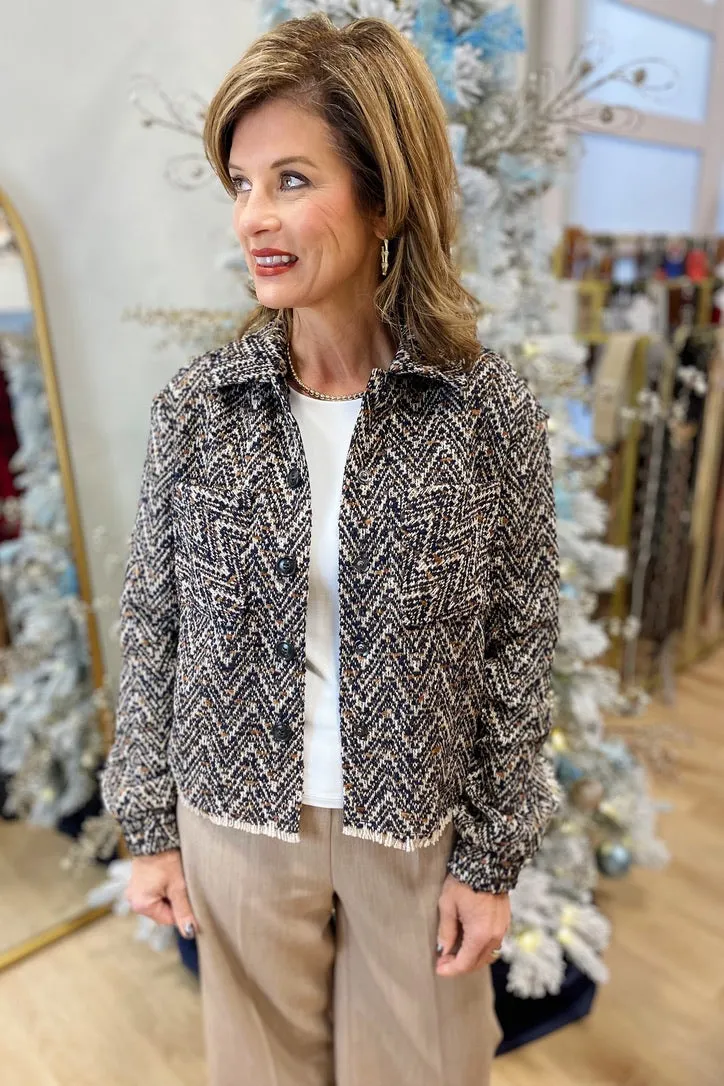 Charlie B Tweed Cropped Shirt Jacket Navy