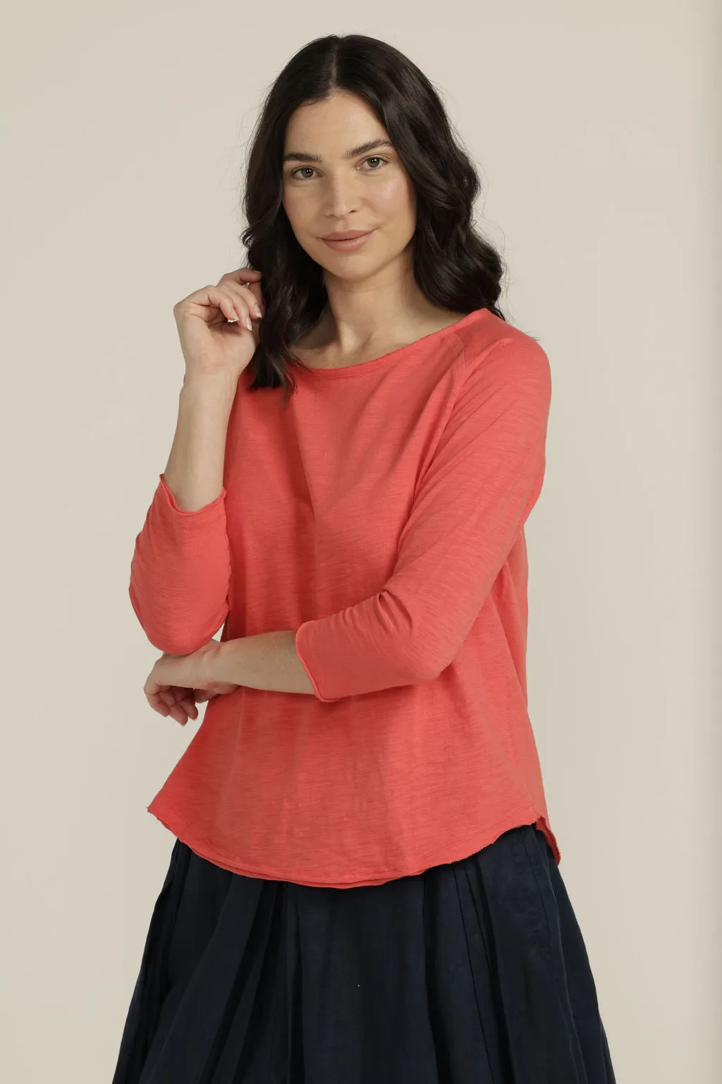Cotton 3/4 Sleeve Crew Neck Tee Chilli