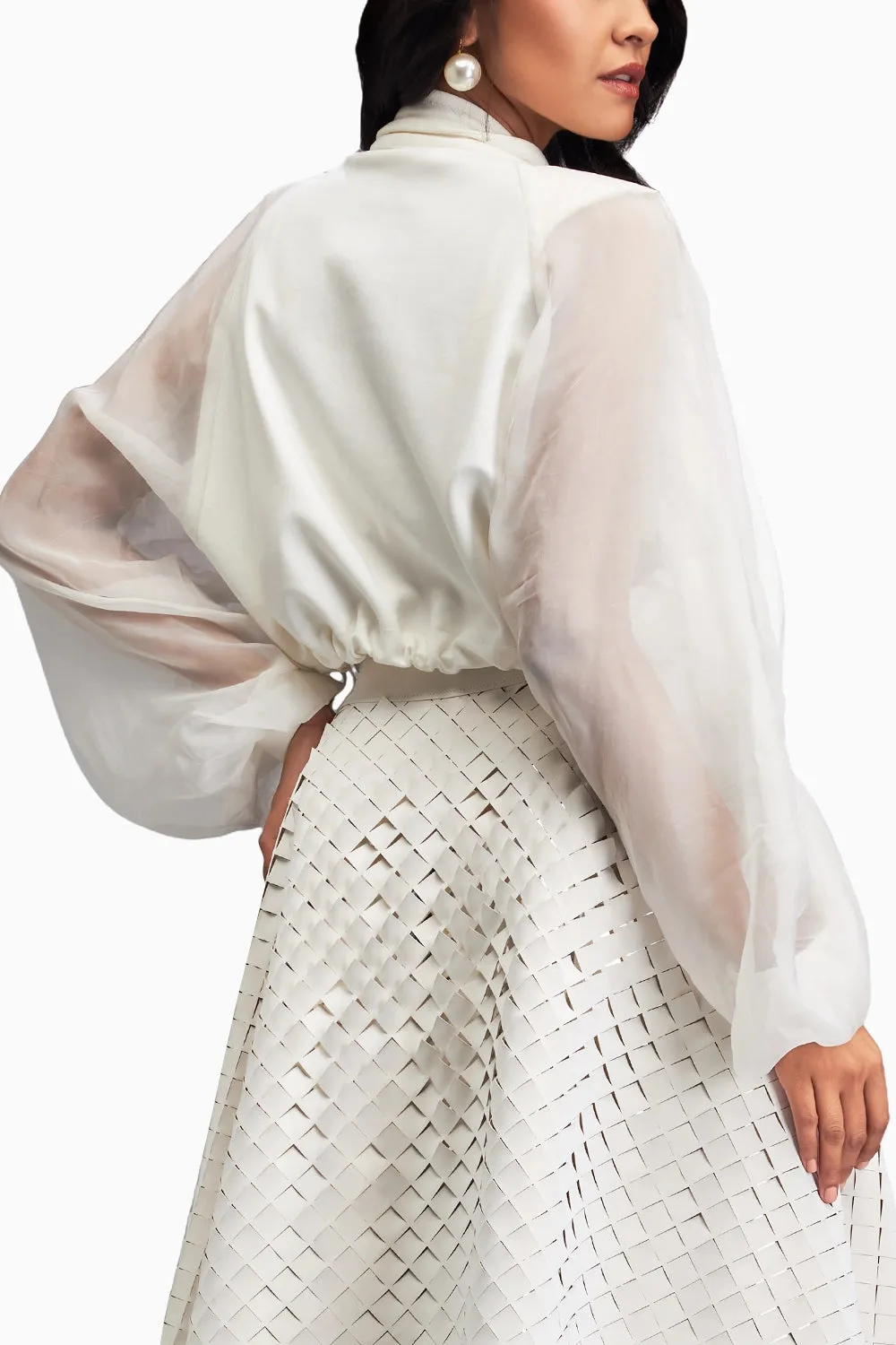 Cropped Bomber White Jacket with Sheer Sleeves