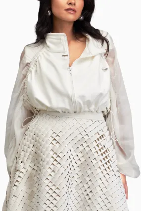 Cropped Bomber White Jacket with Sheer Sleeves