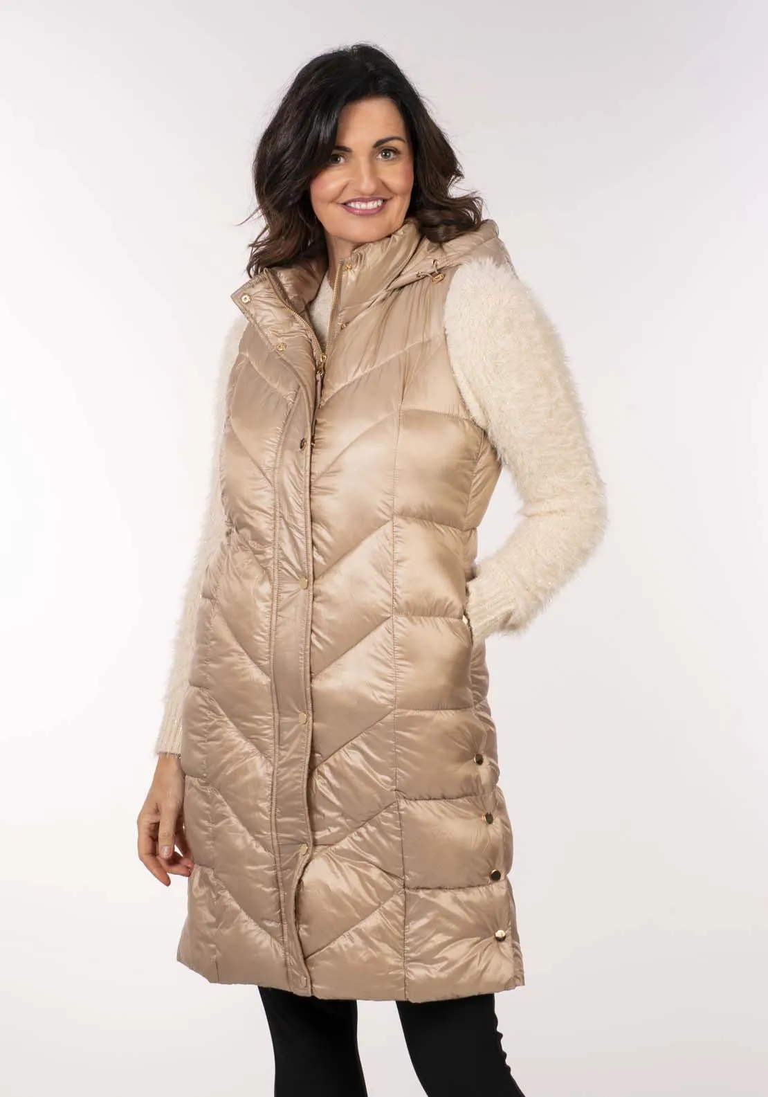 Diamond Quilt Long Gilet - Beige