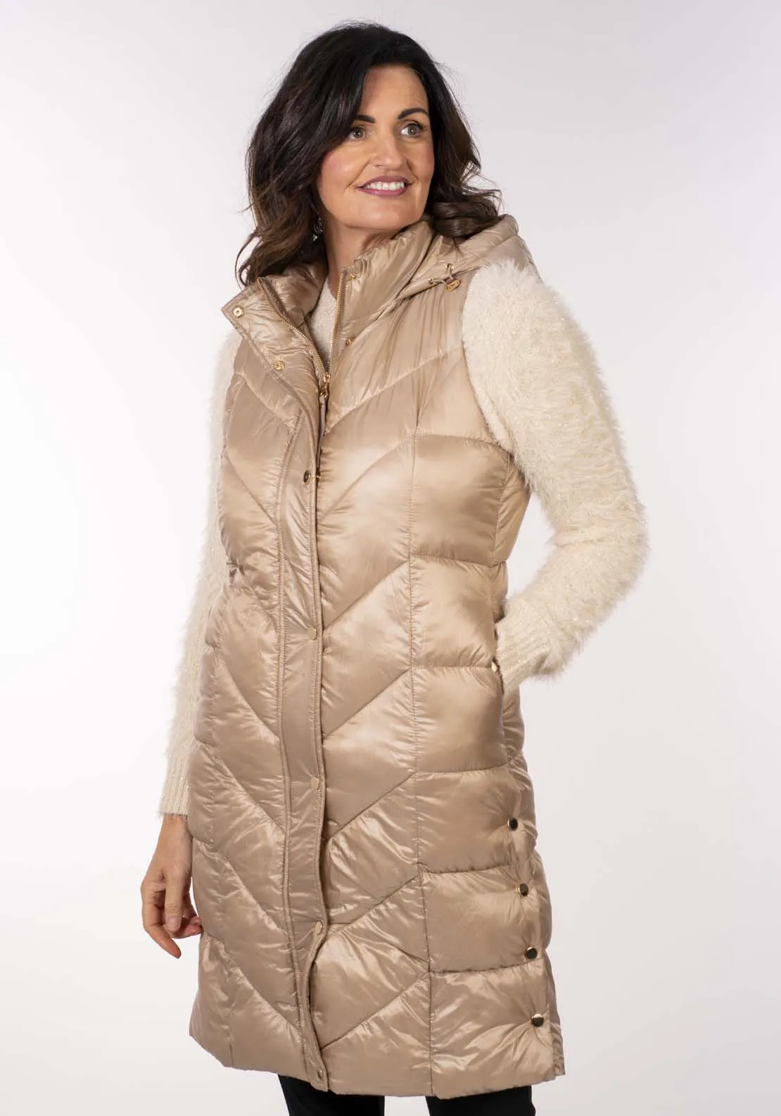 Diamond Quilt Long Gilet - Beige
