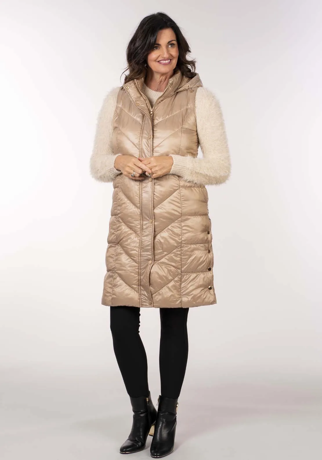 Diamond Quilt Long Gilet - Beige
