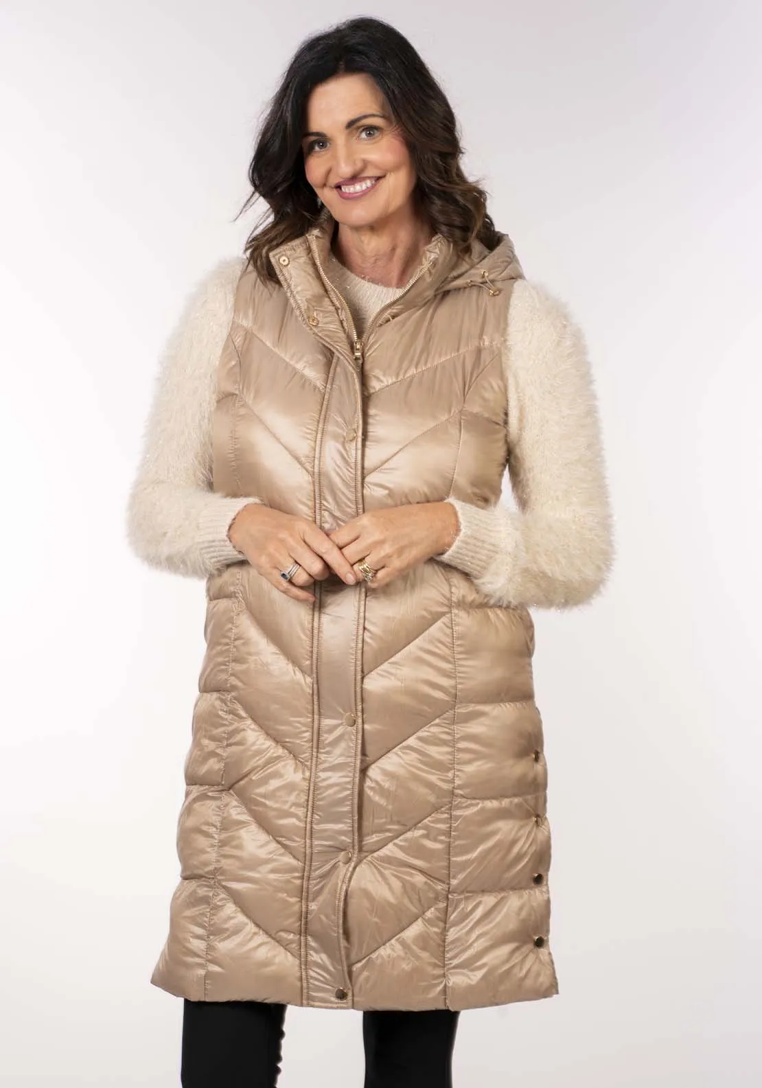Diamond Quilt Long Gilet - Beige