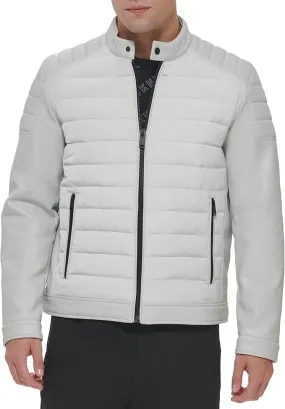 DKNY Mens Mixed Media Quilted Racer Jacket Ice White 2XL XXL