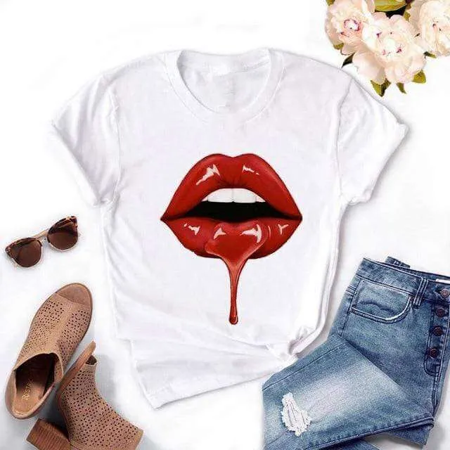 Fashion Women's Casual Sequins Red Lip Short Sleeve T-Shirts
