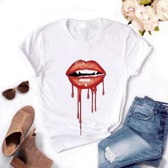 Fashion Women's Casual Sequins Red Lip Short Sleeve T-Shirts