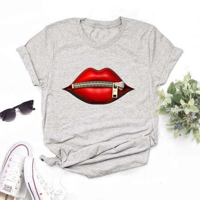 Fashion Women's Casual Sequins Red Lip Short Sleeve T-Shirts