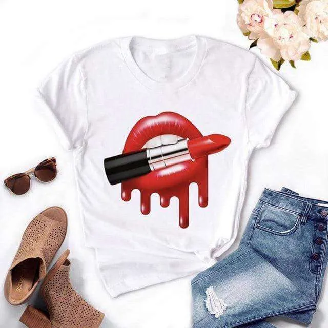 Fashion Women's Casual Sequins Red Lip Short Sleeve T-Shirts