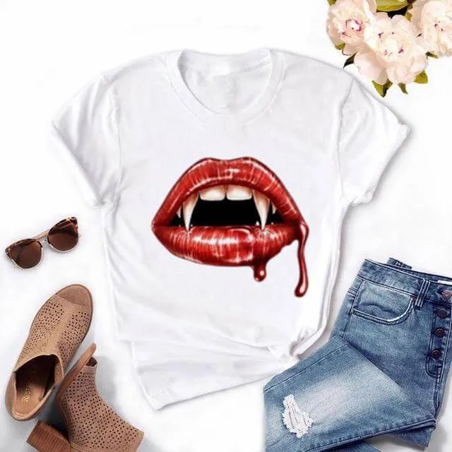 Fashion Women's Casual Sequins Red Lip Short Sleeve T-Shirts