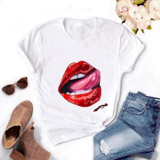 Fashion Women's Casual Sequins Red Lip Short Sleeve T-Shirts