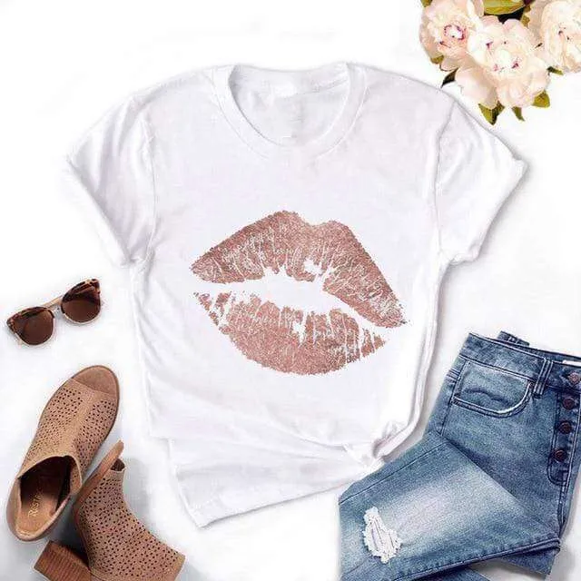 Fashion Women's Casual Sequins Red Lip Short Sleeve T-Shirts